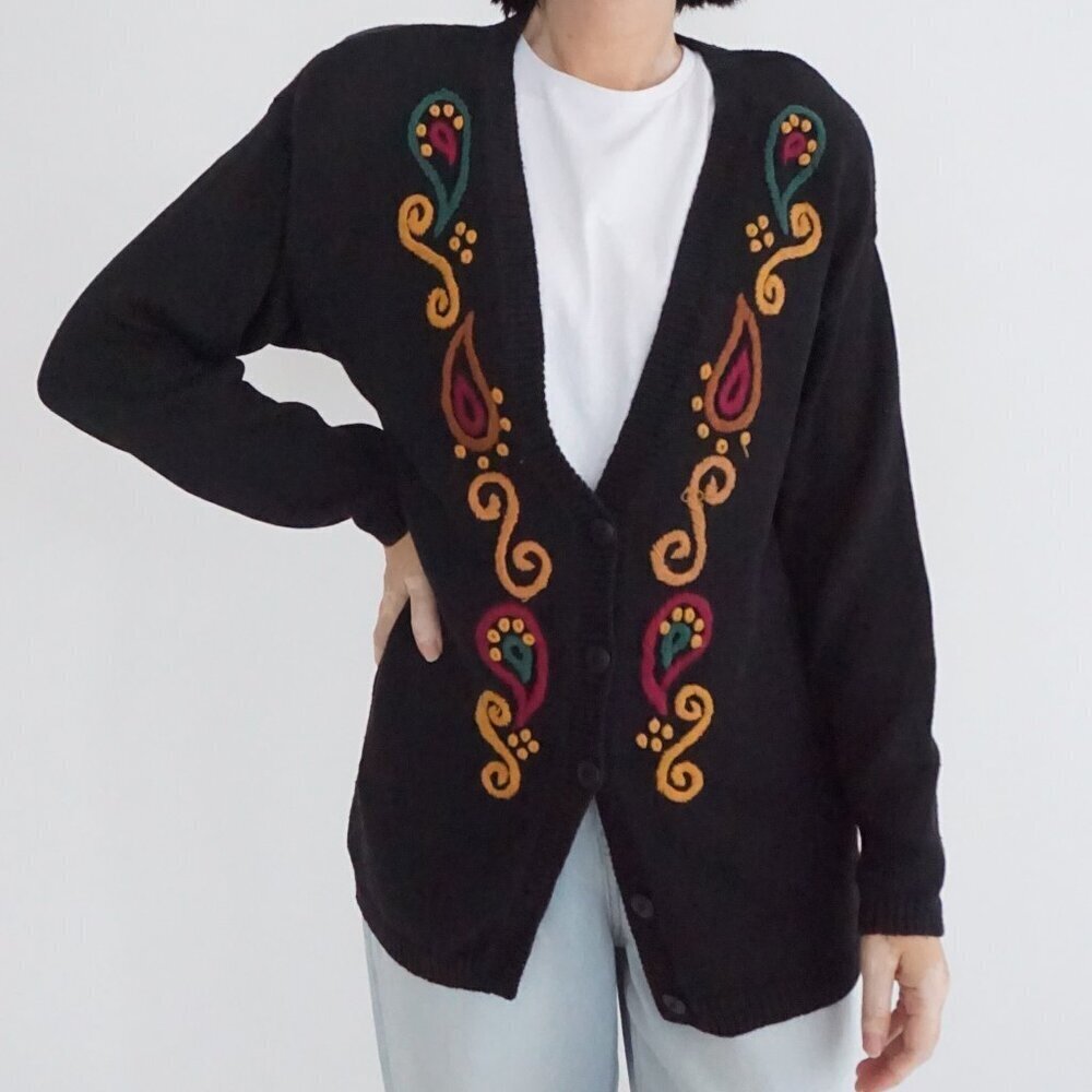 Vintage Leslie Fay Black Paisley Embroidered Button Knit Cardigan Sweater SP